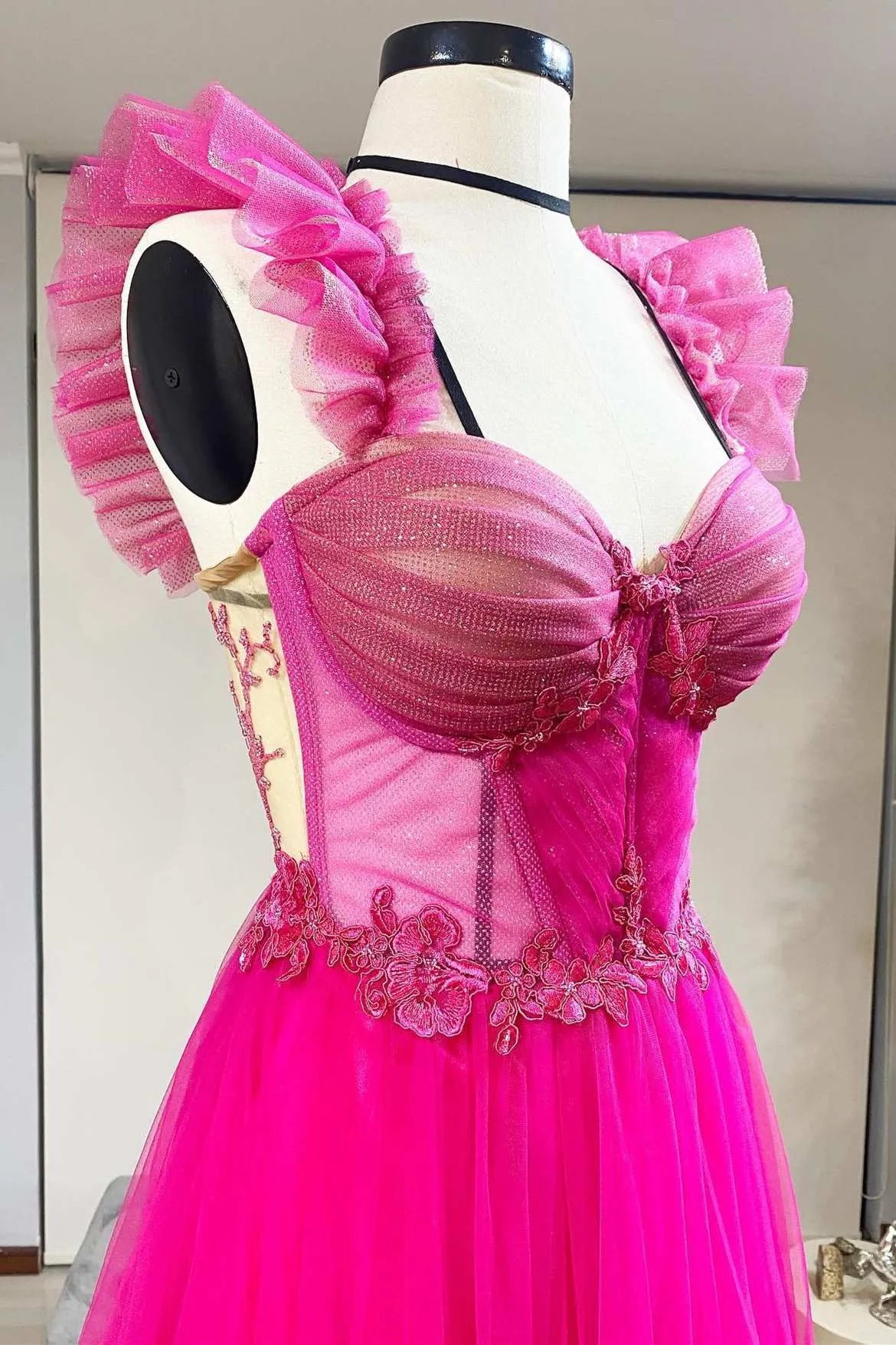 Magenta Tulle Ruffles Bustier A-Line Prom Dress