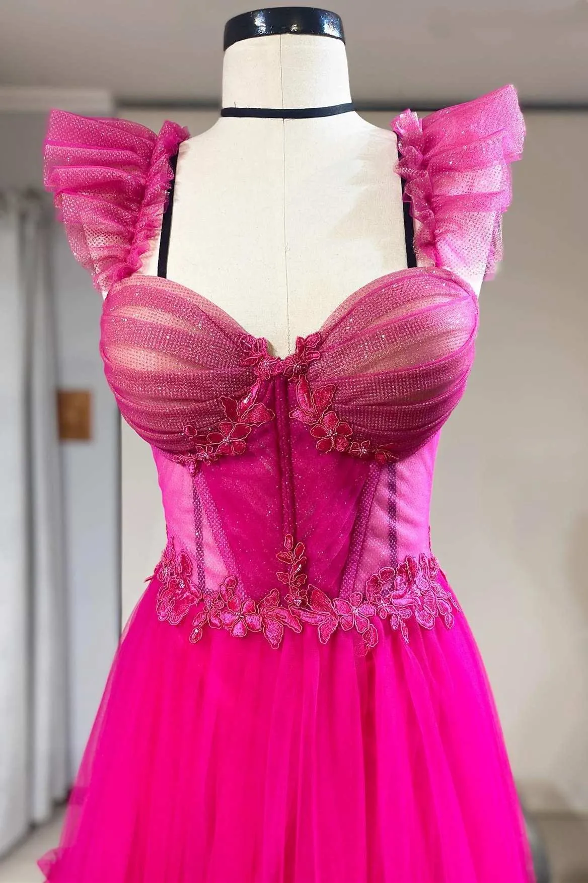 Magenta Tulle Ruffles Bustier A-Line Prom Dress