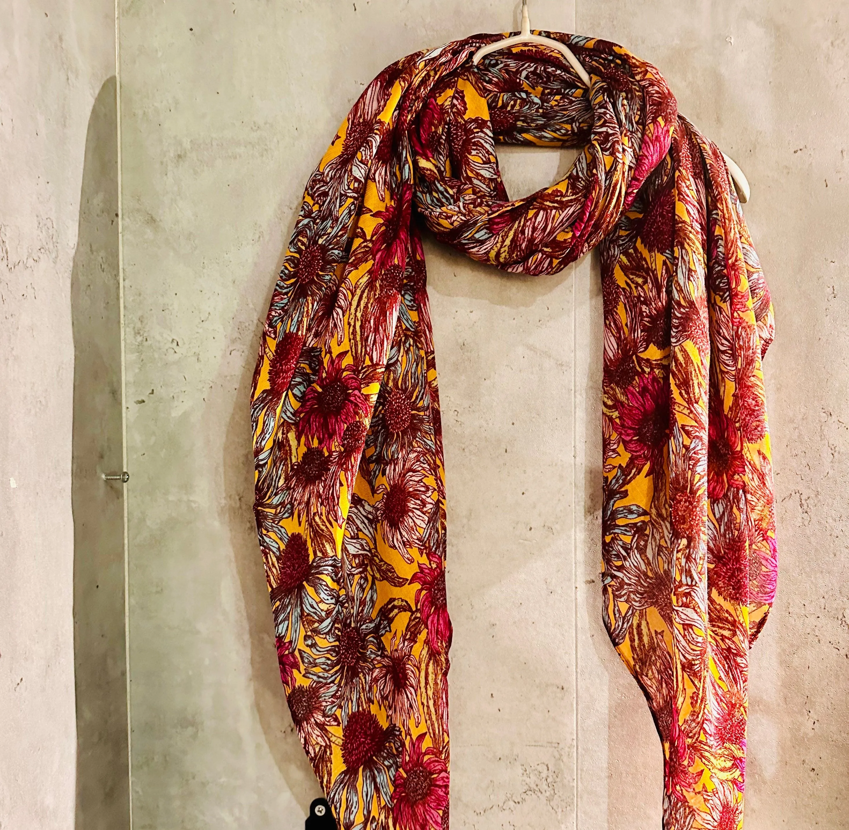 Maroon Red Organic Cotton Scarf with Eco-Friendly Sketched Sunflowers – A Thoughtful Gift for Mom, Perfect for Birthday and Christmas Celebrations