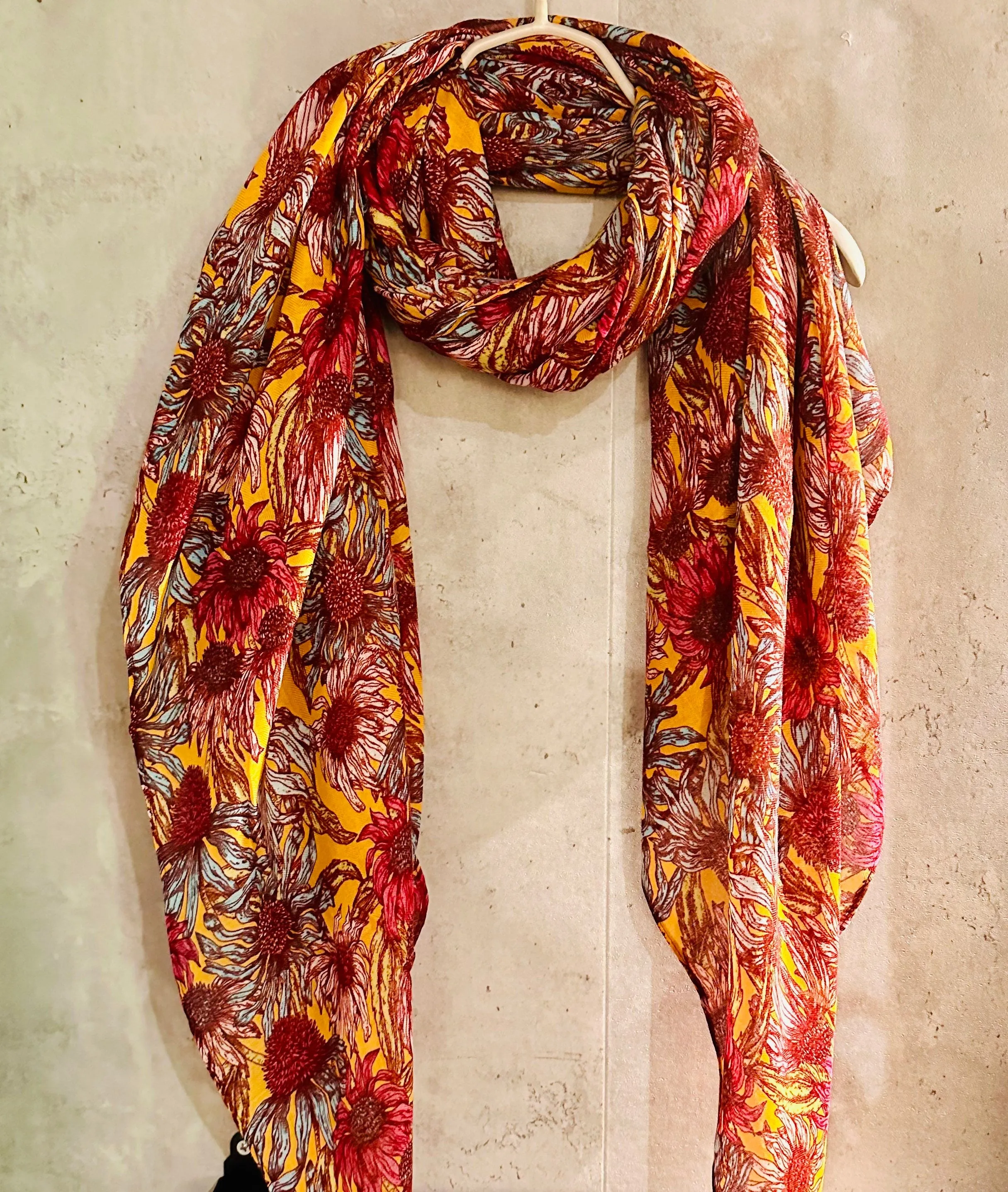 Maroon Red Organic Cotton Scarf with Eco-Friendly Sketched Sunflowers – A Thoughtful Gift for Mom, Perfect for Birthday and Christmas Celebrations
