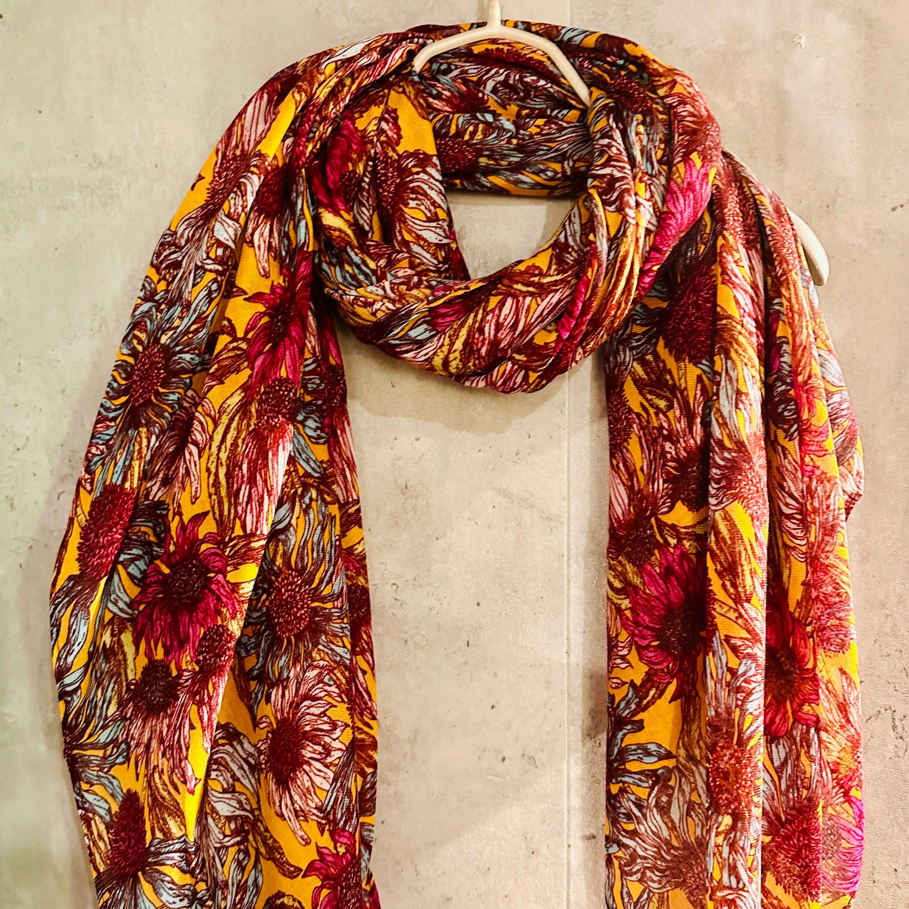 Maroon Red Organic Cotton Scarf with Eco-Friendly Sketched Sunflowers – A Thoughtful Gift for Mom, Perfect for Birthday and Christmas Celebrations