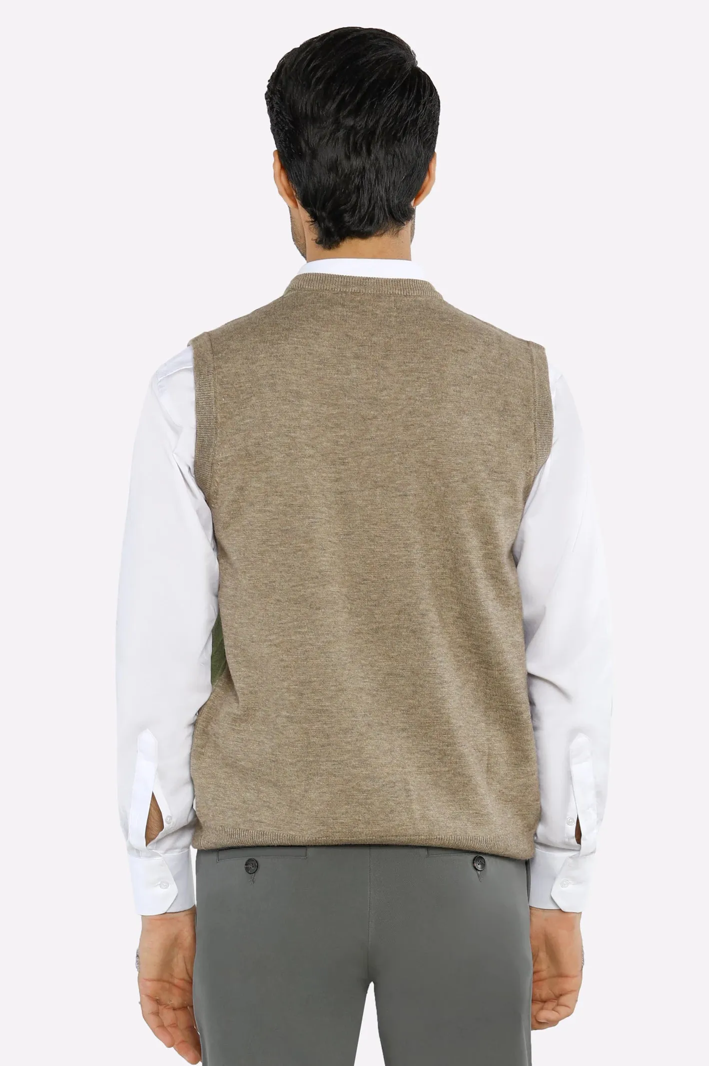 Men V-Neck Dark Fawn Sleeveless Sweater