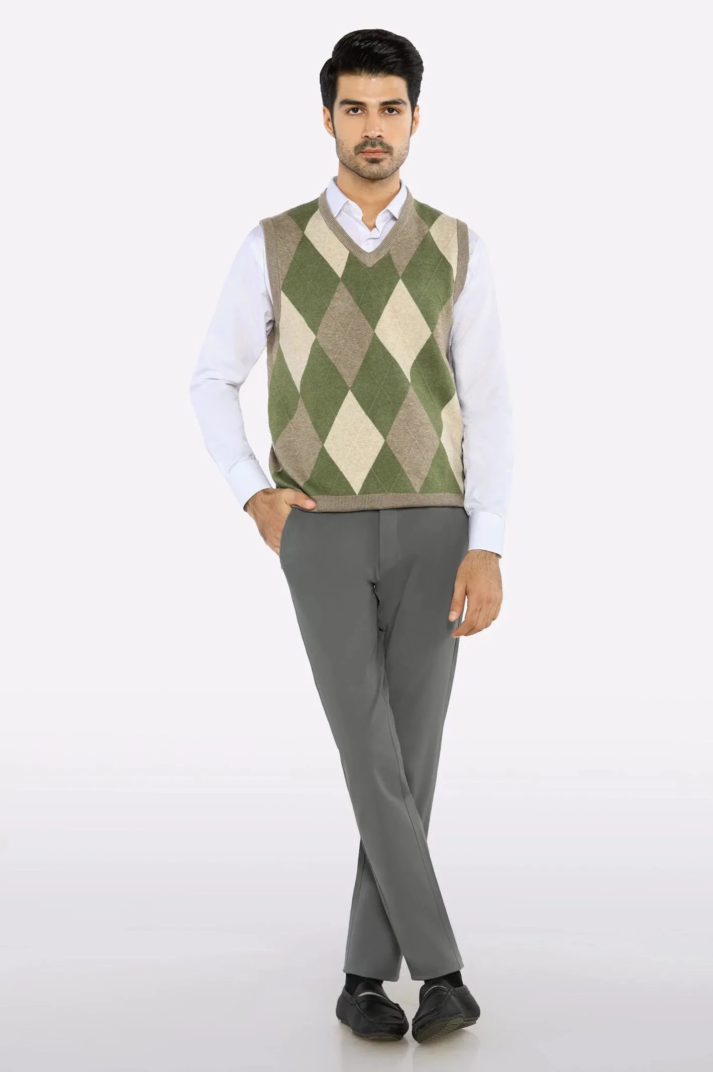 Men V-Neck Dark Fawn Sleeveless Sweater