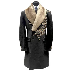 Men's Casual Contrast Binding Button Long Sleeve Windproof Fur Collar Overcoat 250199963