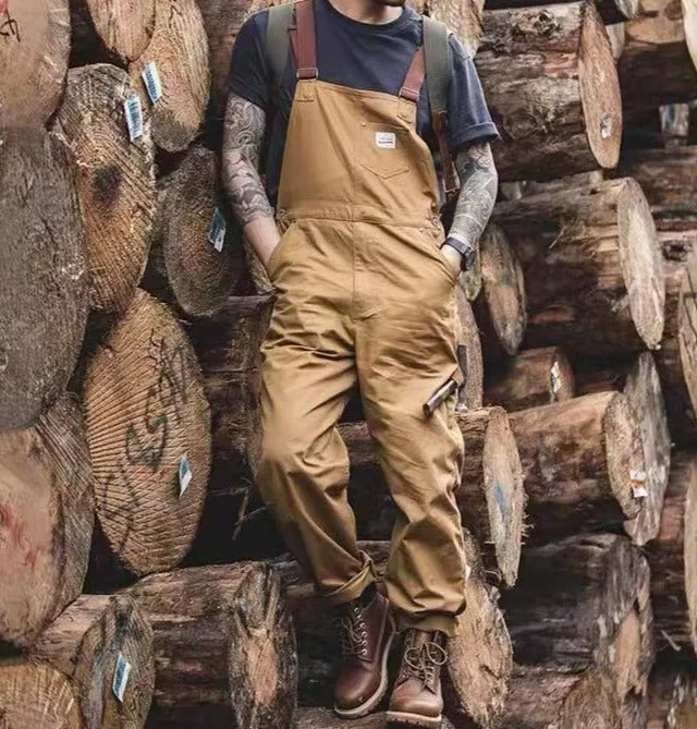 Men's Retro Khaki Classic Suspender Cargo Bib Overalls