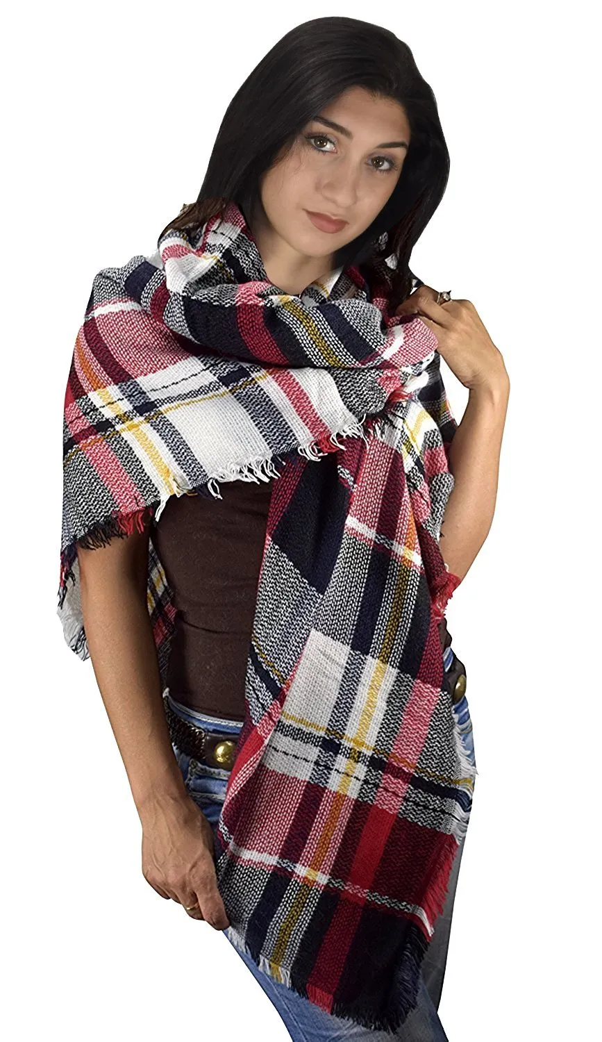 Multicolor Tartan Plaid Oversized Blanket Scarf Shawl Wrap Poncho Orange Tan