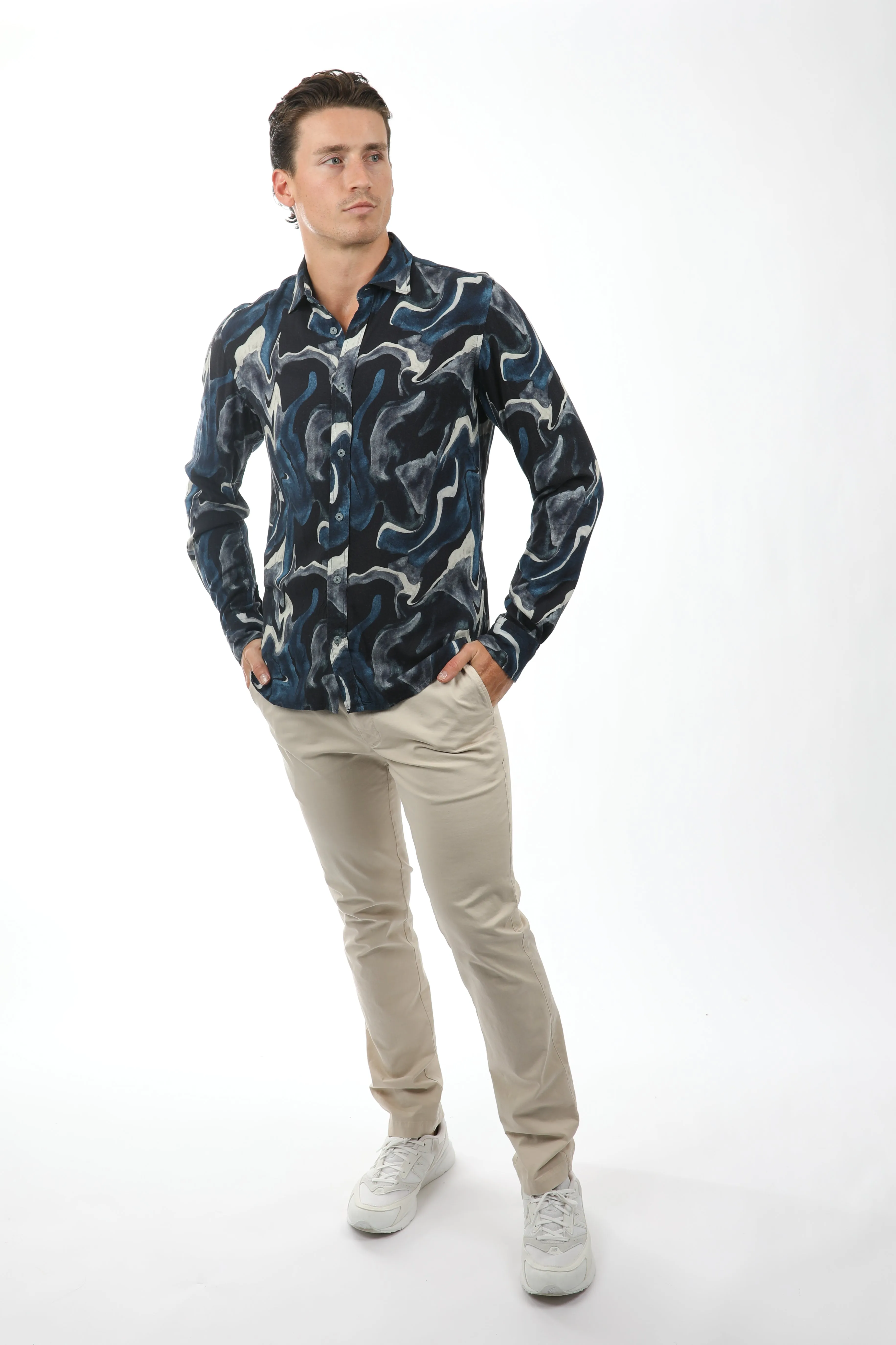 Navy Earth Texture Viscose Shirt