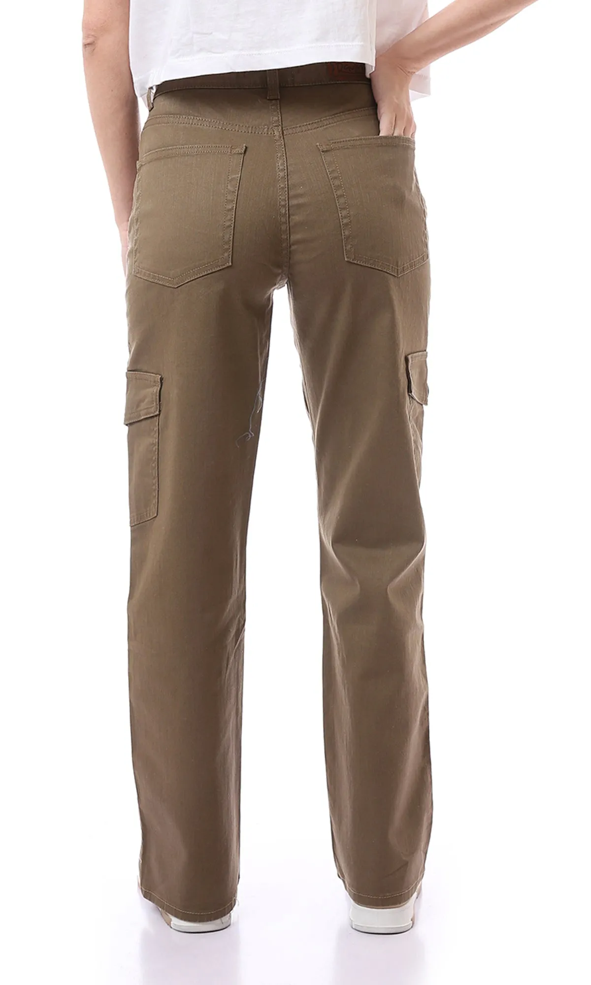 O168588 Fly Zipper Button Dark Khaki Casual Cargo Pants