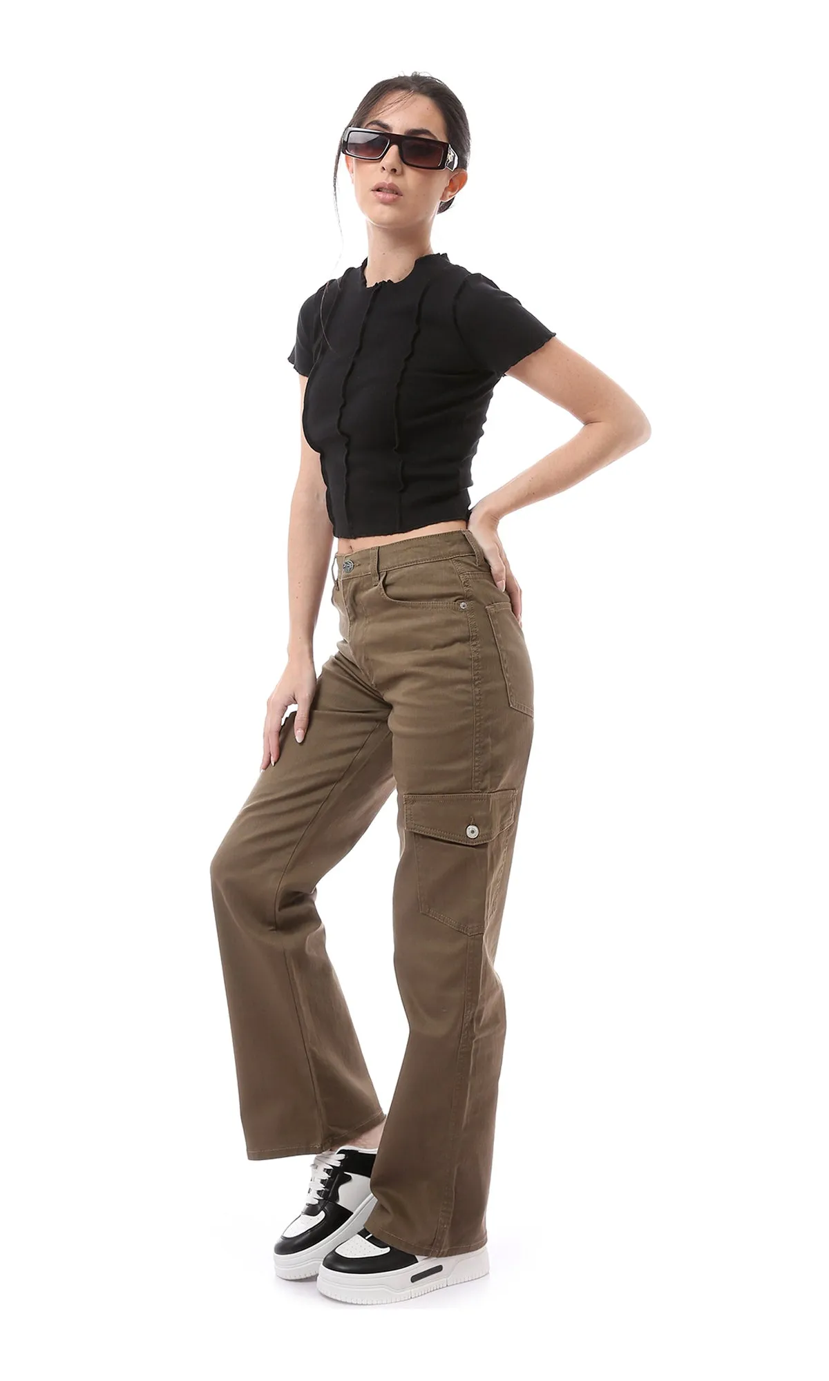 O168588 Fly Zipper Button Dark Khaki Casual Cargo Pants