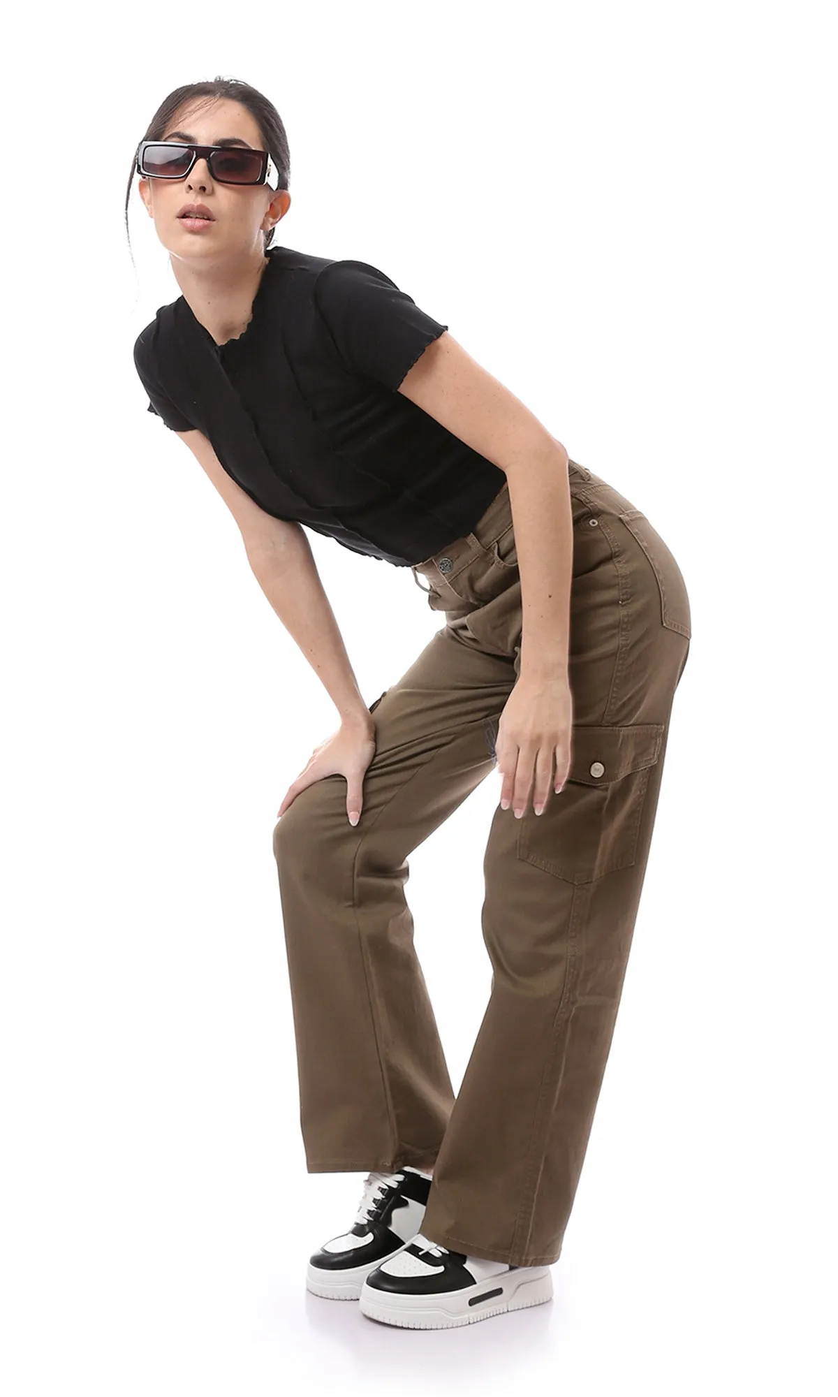 O168588 Fly Zipper Button Dark Khaki Casual Cargo Pants