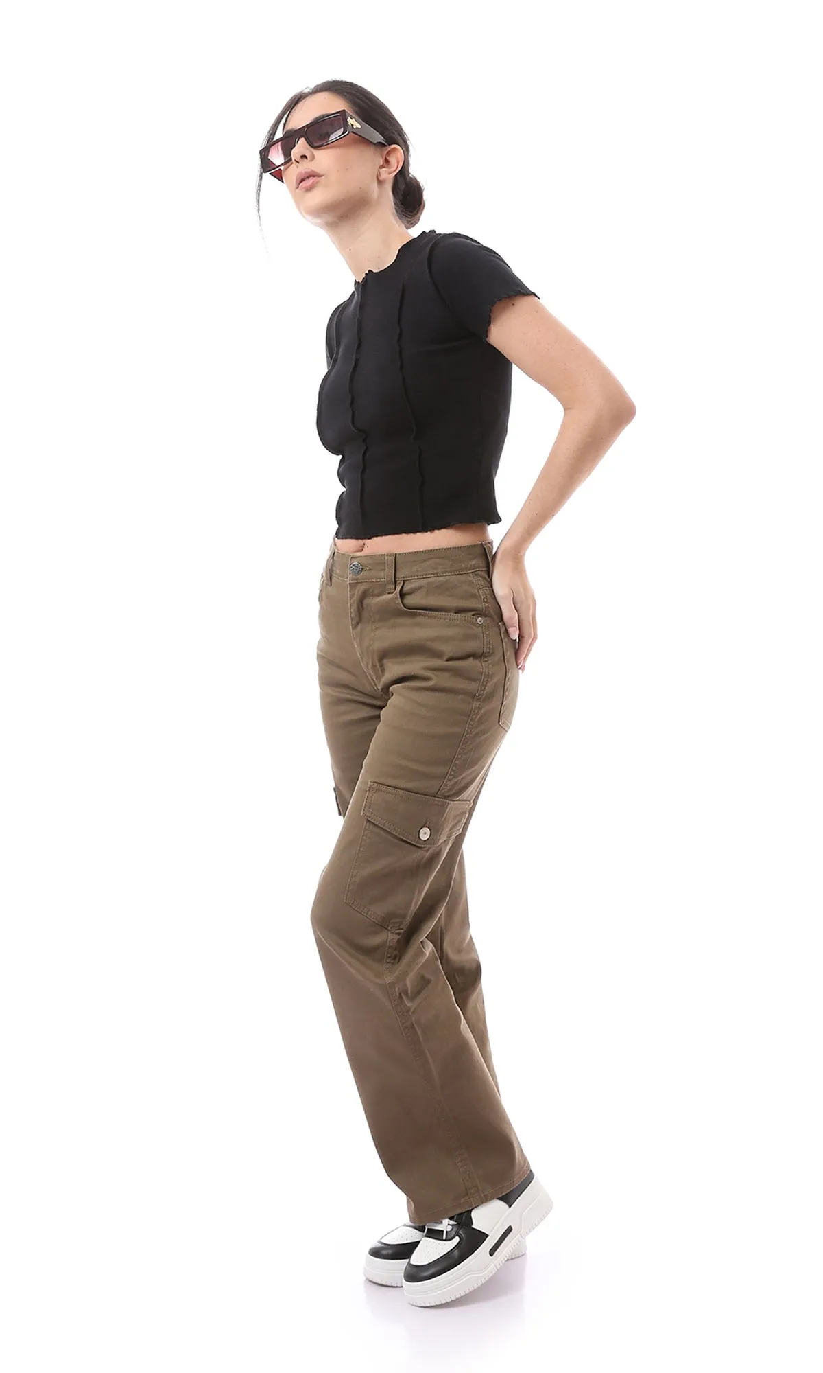 O168588 Fly Zipper Button Dark Khaki Casual Cargo Pants