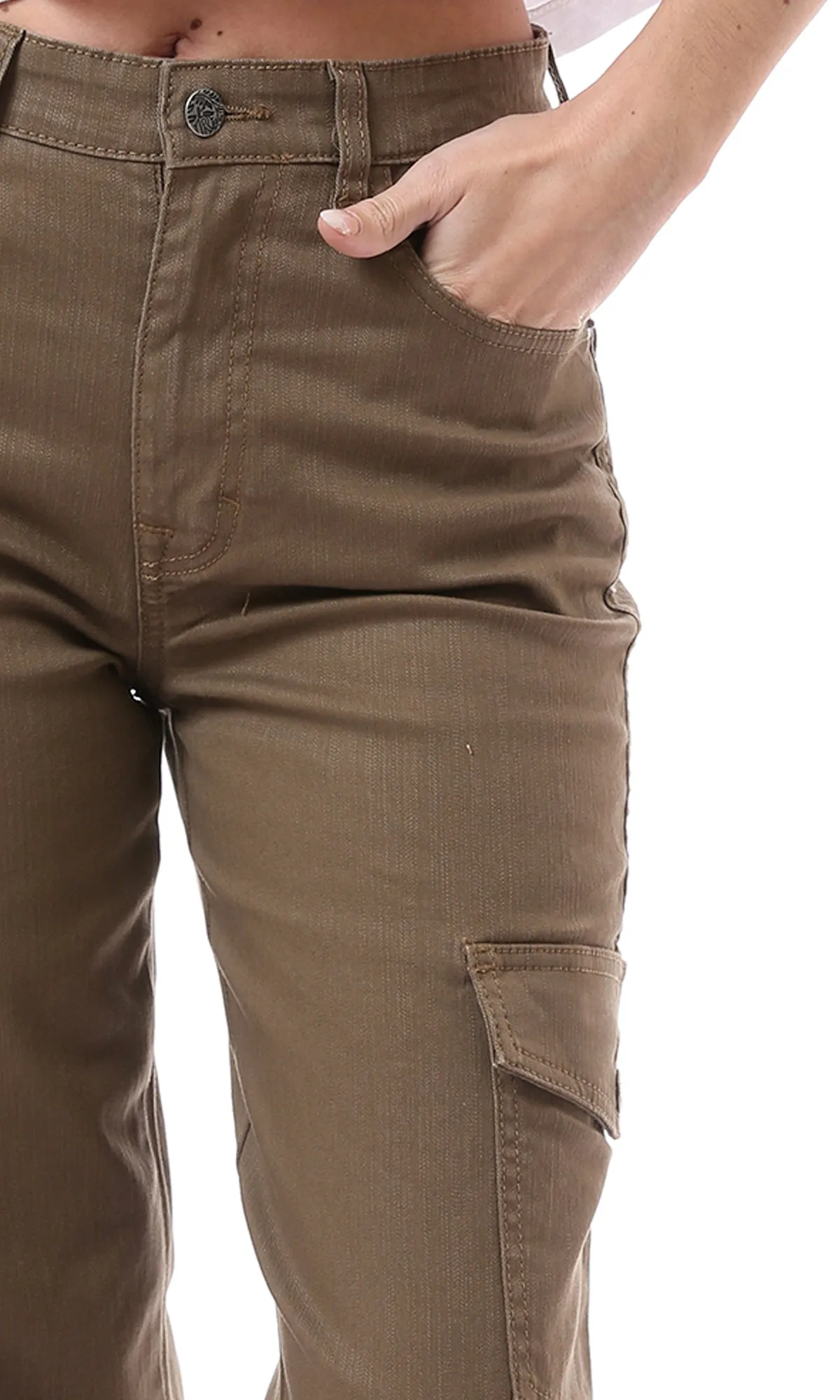 O168588 Fly Zipper Button Dark Khaki Casual Cargo Pants