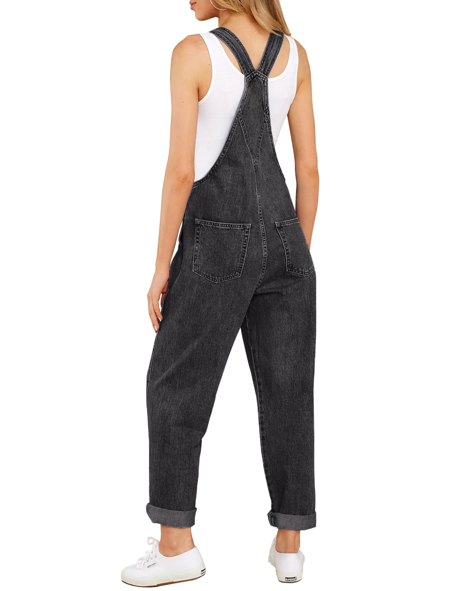 Pebble Grey Women's Casual Stretch Denim Bib Overalls Pants Pocketed Jeans Jumpsuits