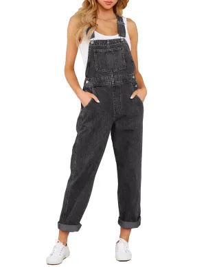 Pebble Grey Women's Casual Stretch Denim Bib Overalls Pants Pocketed Jeans Jumpsuits