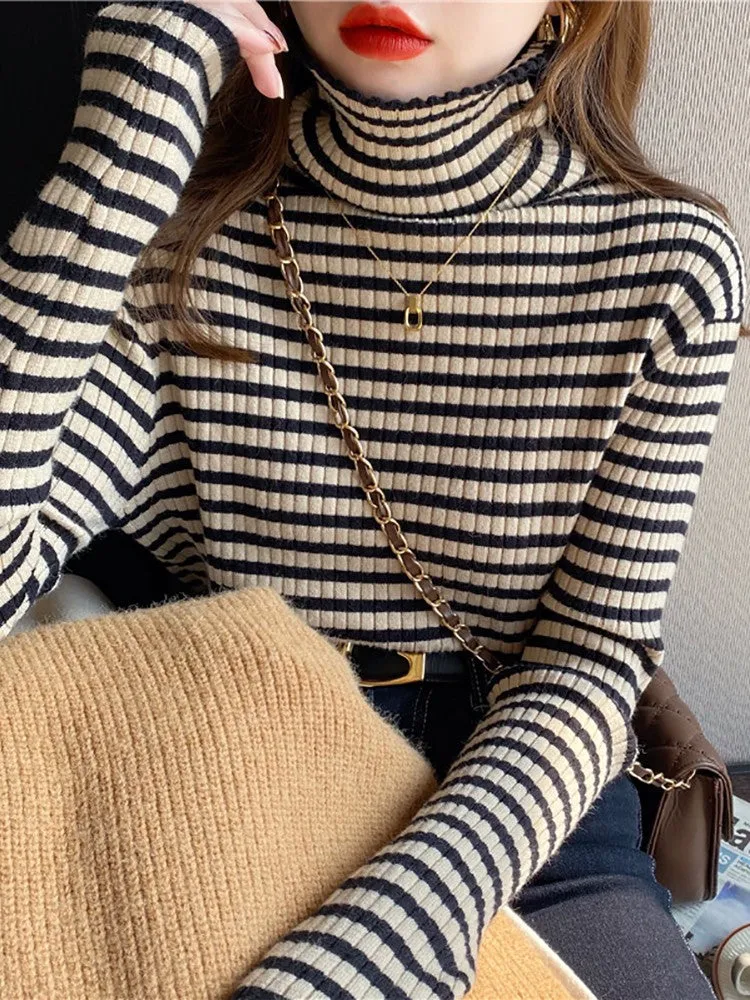 Peggy Stripe Basic Knitted Women Turtleneck Sweater