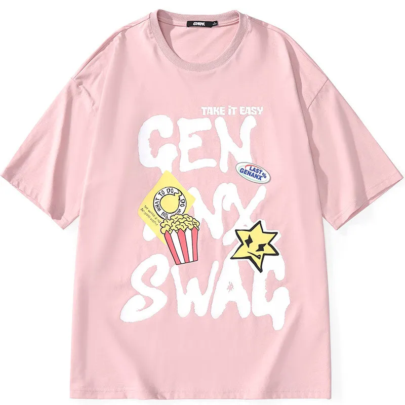 Popcorn Graffiti Spray Painting Letter Print T-Shirt