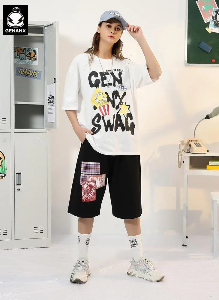 Popcorn Graffiti Spray Painting Letter Print T-Shirt