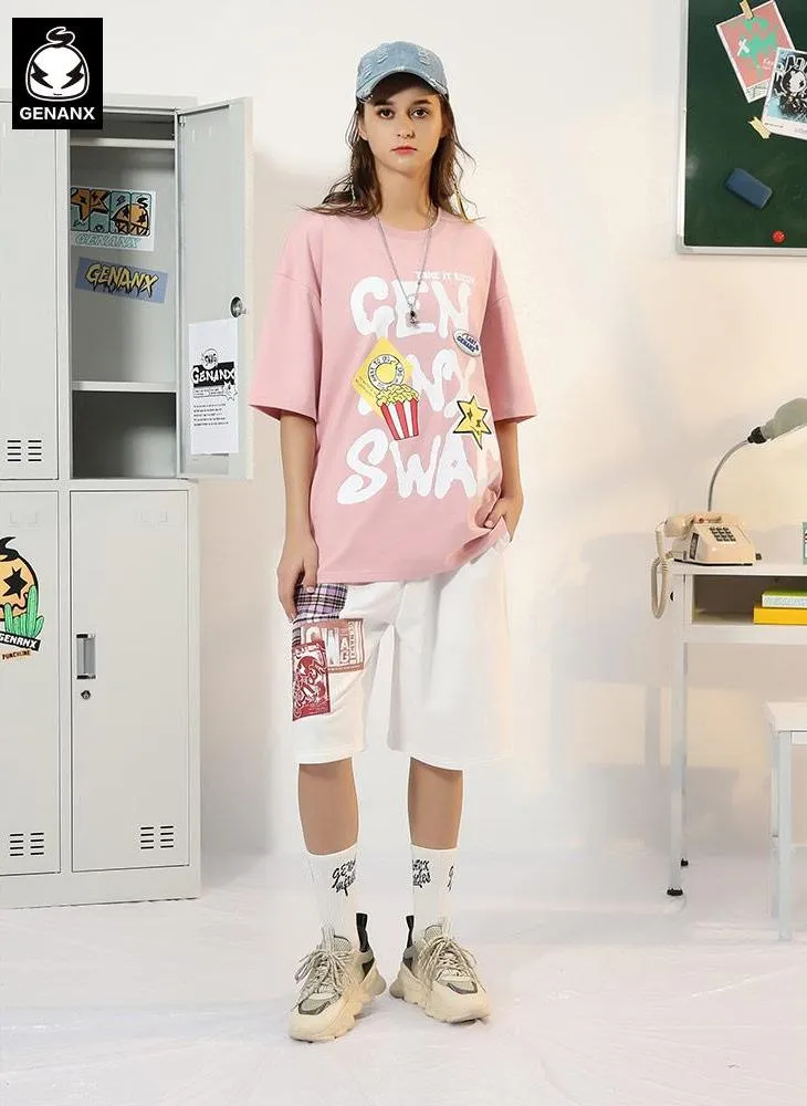 Popcorn Graffiti Spray Painting Letter Print T-Shirt