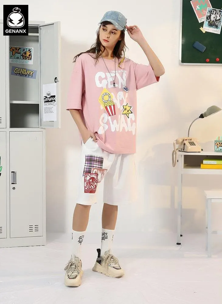 Popcorn Graffiti Spray Painting Letter Print T-Shirt