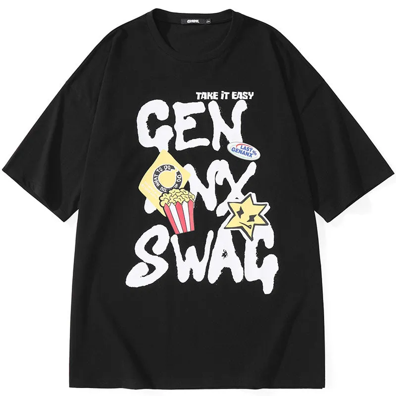 Popcorn Graffiti Spray Painting Letter Print T-Shirt