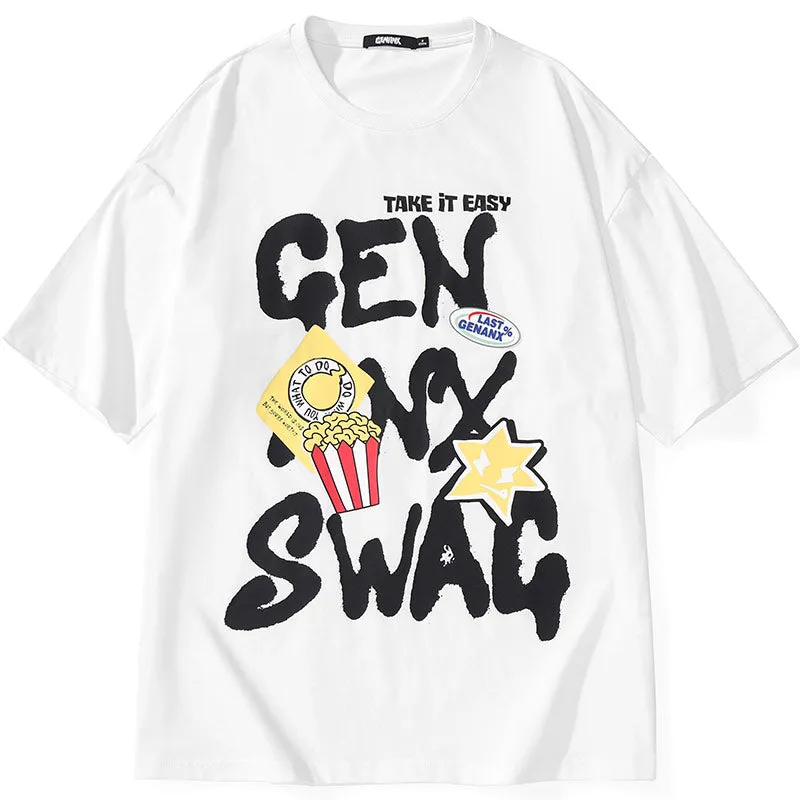 Popcorn Graffiti Spray Painting Letter Print T-Shirt