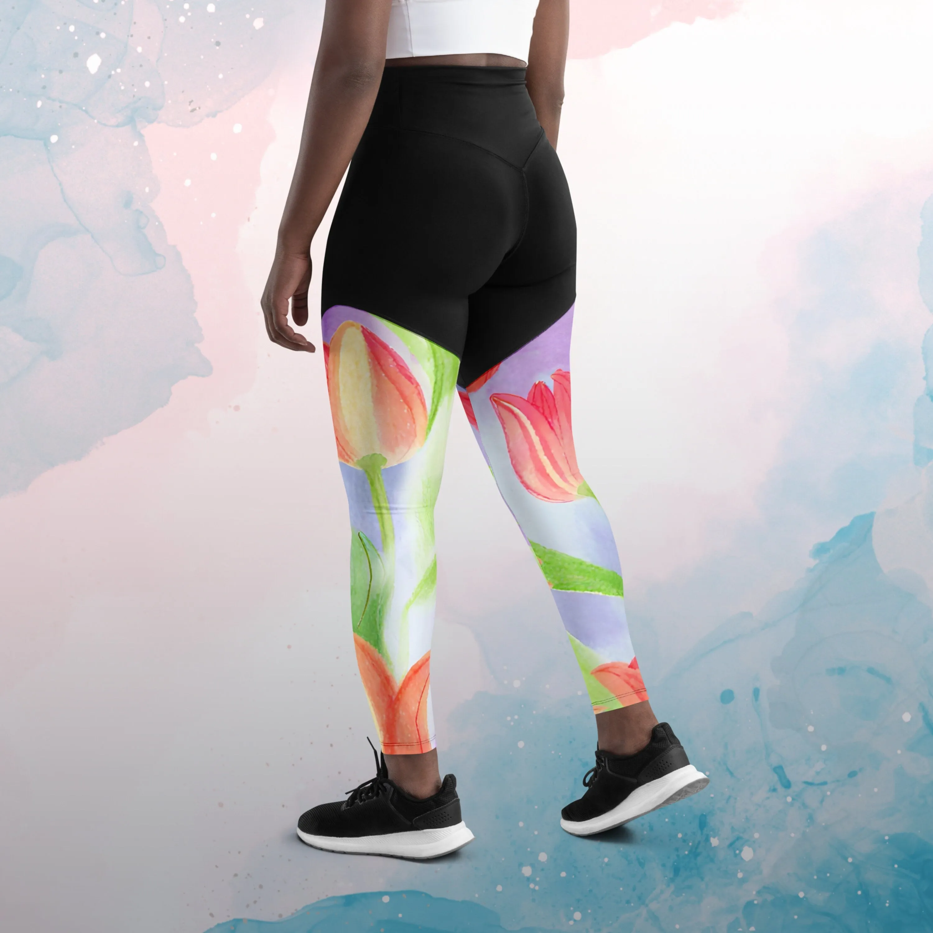 Red Watercolor Tulips Womens Compression Sports Leggings Gym Gift