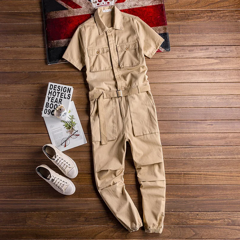 Retro Casual Multi-Pocket Boilersuit Short Sleeve Jumpsuits Workear Coveralls Streetwear Overalls Playsuit