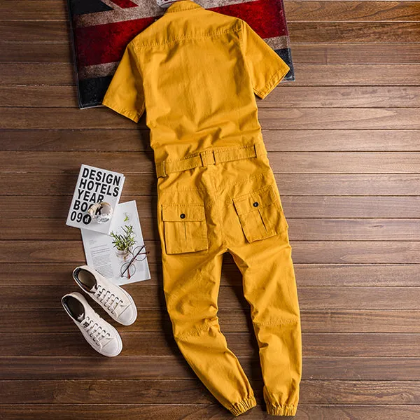 Retro Casual Multi-Pocket Boilersuit Short Sleeve Jumpsuits Workear Coveralls Streetwear Overalls Playsuit