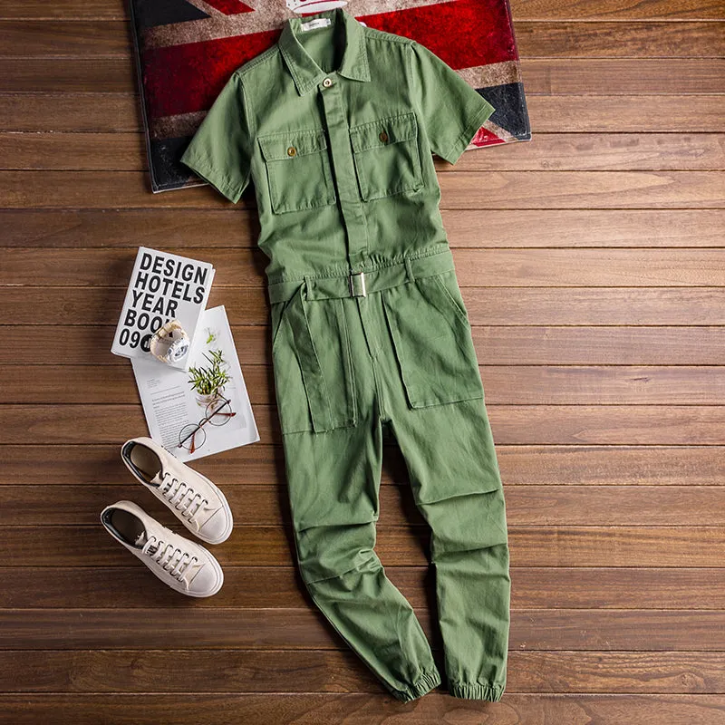 Retro Casual Multi-Pocket Boilersuit Short Sleeve Jumpsuits Workear Coveralls Streetwear Overalls Playsuit