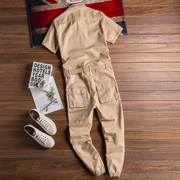 Retro Casual Multi-Pocket Boilersuit Short Sleeve Jumpsuits Workear Coveralls Streetwear Overalls Playsuit