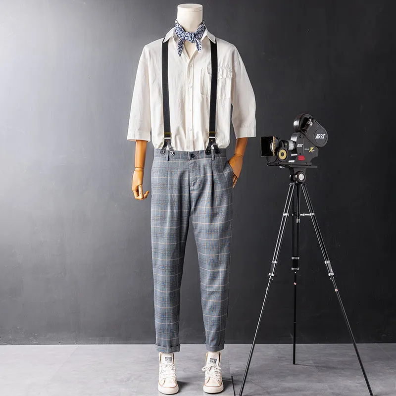 Retro Gray Check Overalls Gentleman Suspenders Casual Slim Trousers