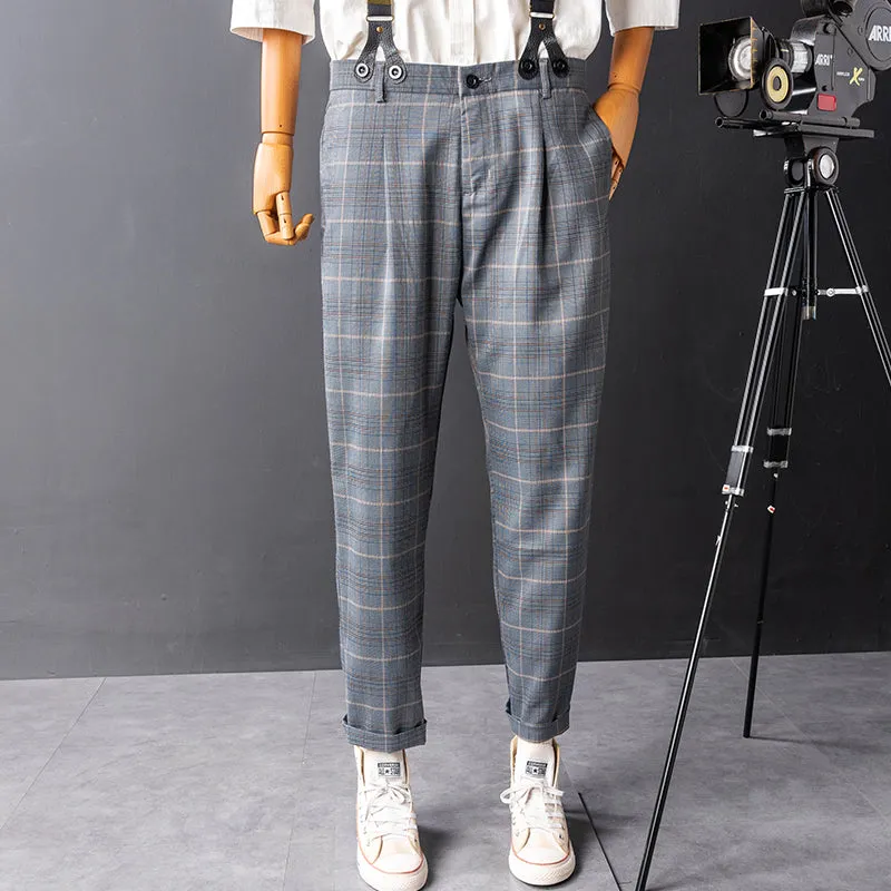 Retro Gray Check Overalls Gentleman Suspenders Casual Slim Trousers