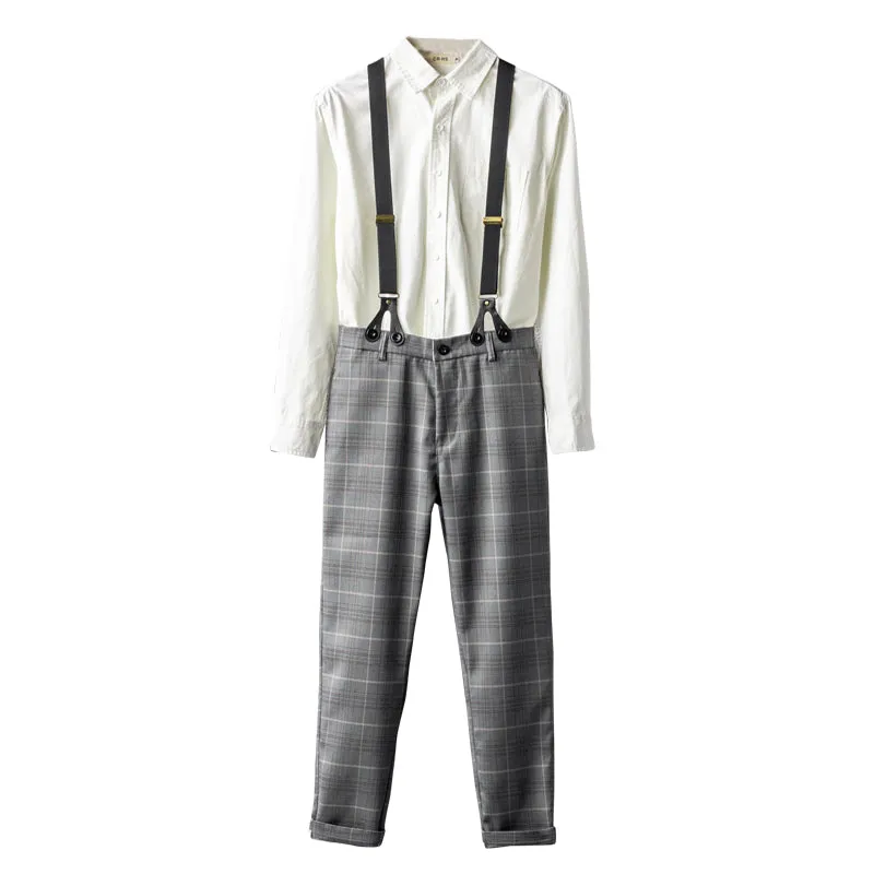 Retro Gray Check Overalls Gentleman Suspenders Casual Slim Trousers