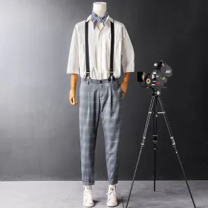 Retro Gray Check Overalls Gentleman Suspenders Casual Slim Trousers