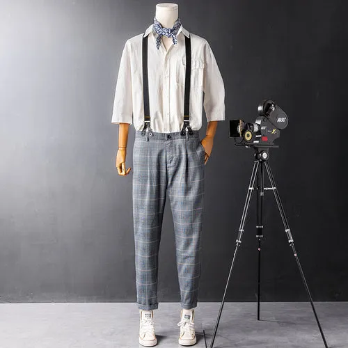 Retro Gray Check Overalls Gentleman Suspenders Casual Slim Trousers