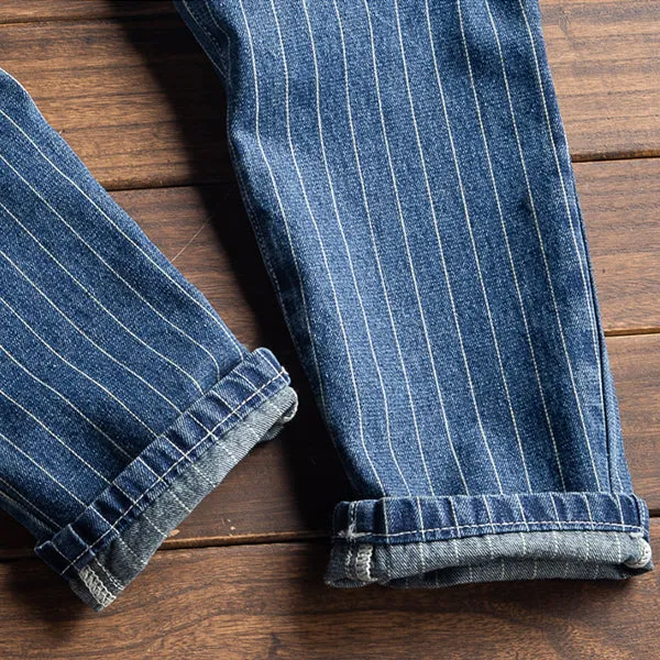 Retro Striped Denim Bib Overalls Cargo Pants Suspender Pants