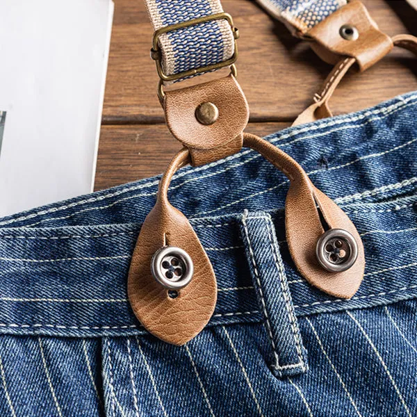 Retro Striped Denim Bib Overalls Cargo Pants Suspender Pants