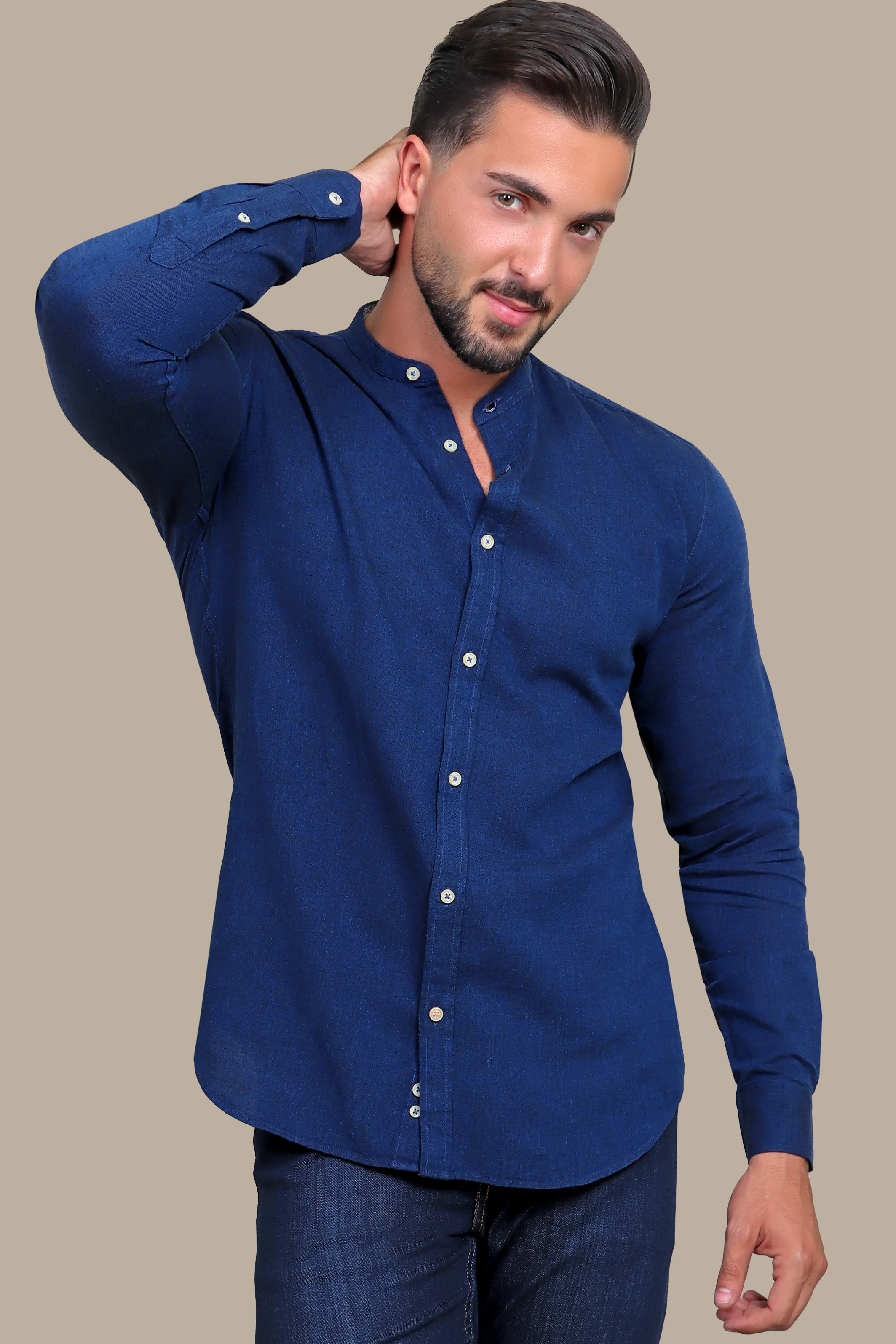 Shirt Linen Col Mao Inside Print | Navy