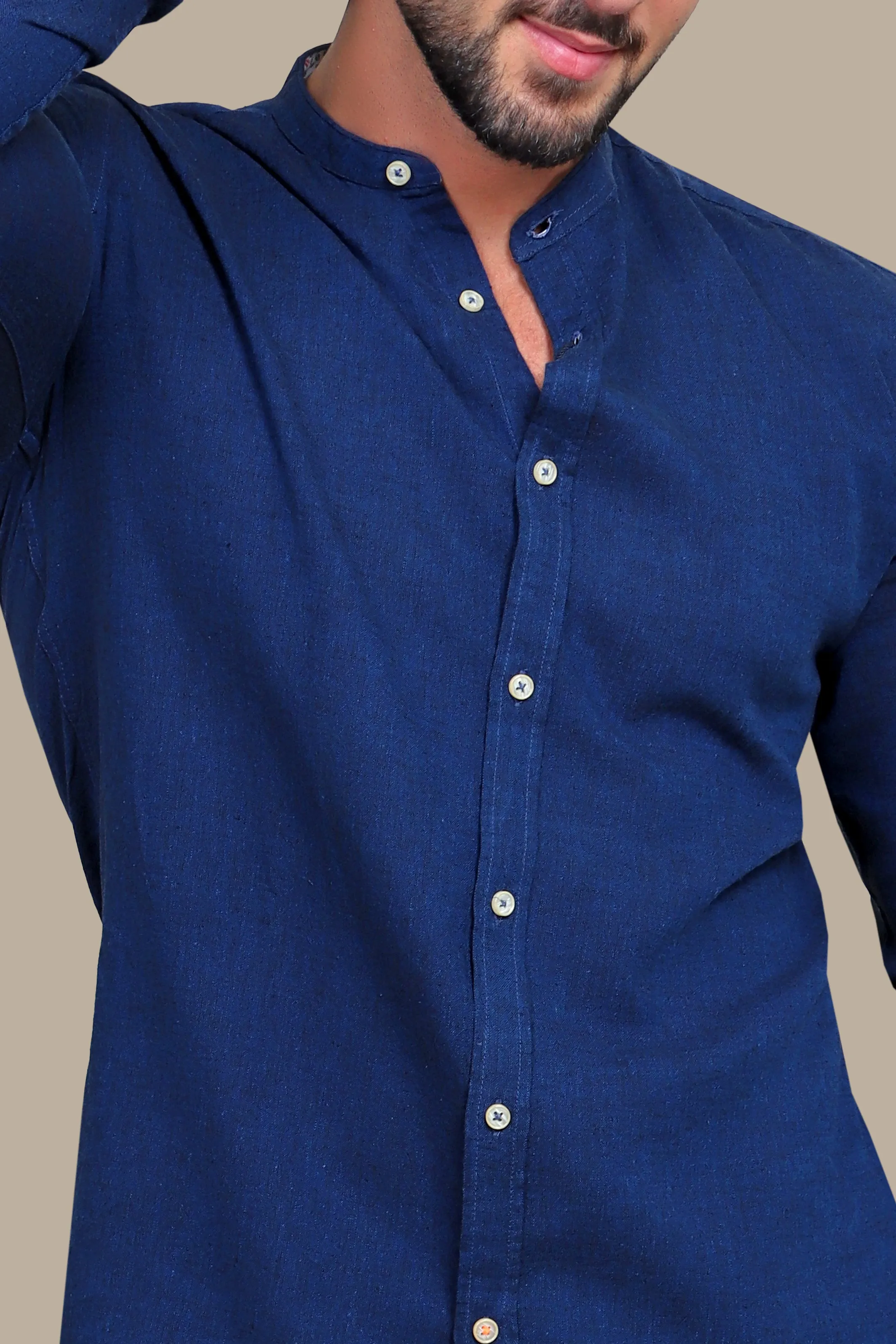 Shirt Linen Col Mao Inside Print | Navy