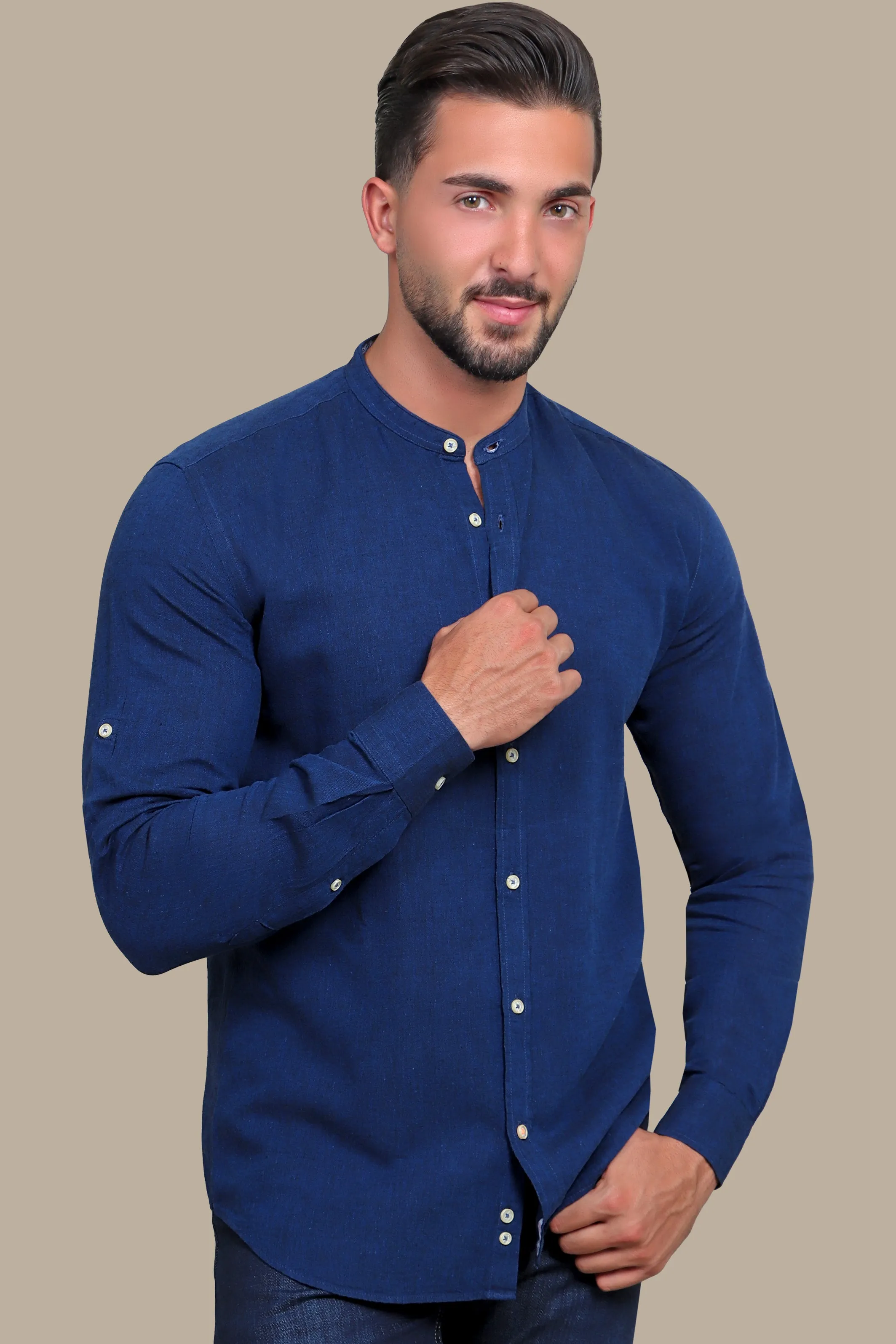 Shirt Linen Col Mao Inside Print | Navy