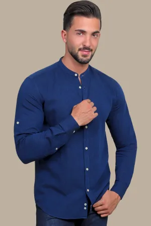 Shirt Linen Col Mao Inside Print | Navy
