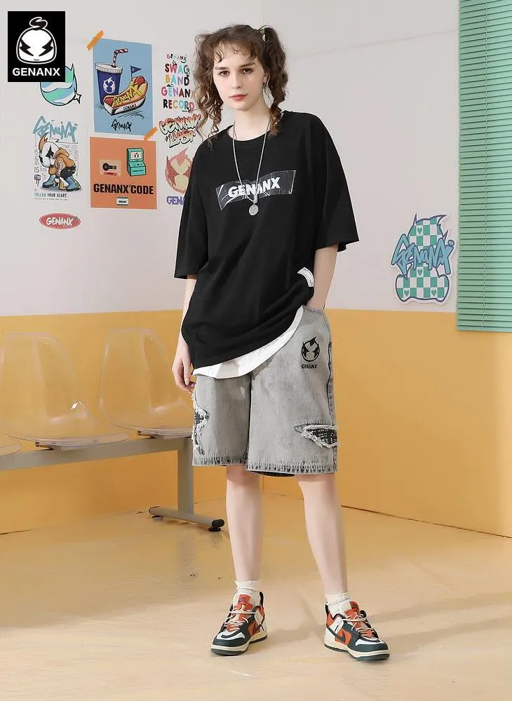 Simple Funny Logo Letter Print Drop-Shoulder Sleeve T-Shirt