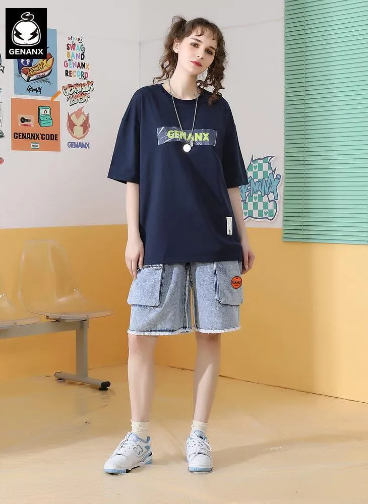 Simple Funny Logo Letter Print Drop-Shoulder Sleeve T-Shirt