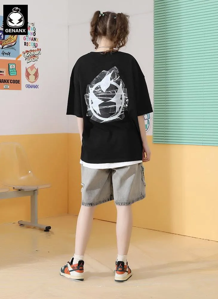 Simple Funny Logo Letter Print Drop-Shoulder Sleeve T-Shirt