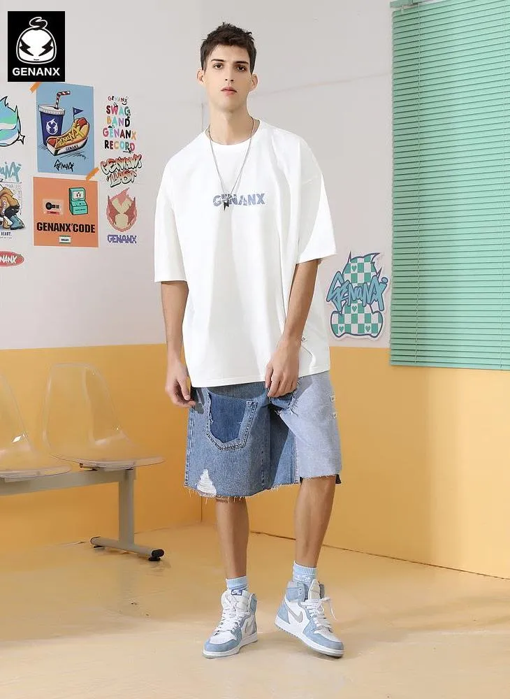 Simple Funny Logo Letter Print Drop-Shoulder Sleeve T-Shirt