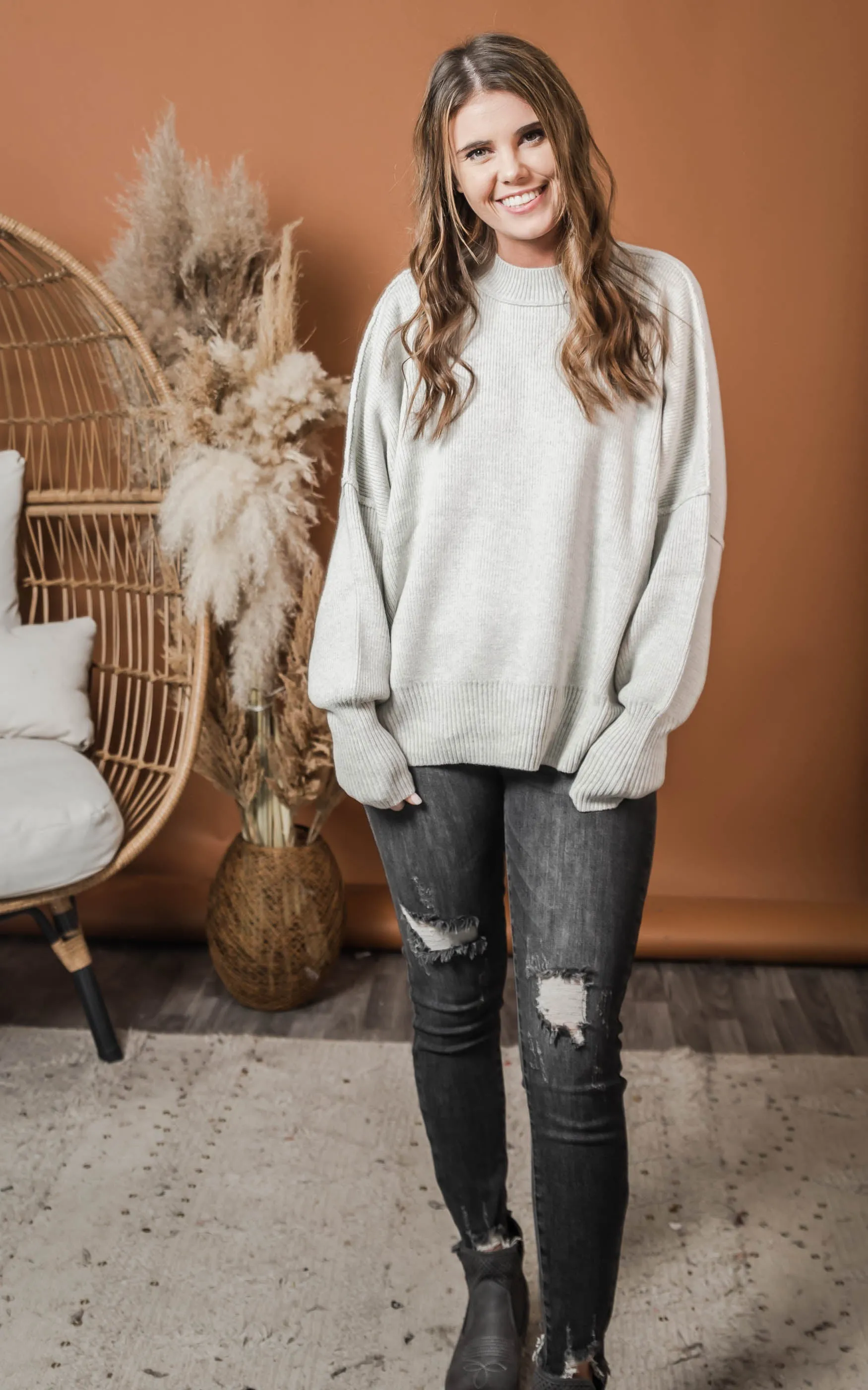 Simple Solid Knit Sweater - White Birch