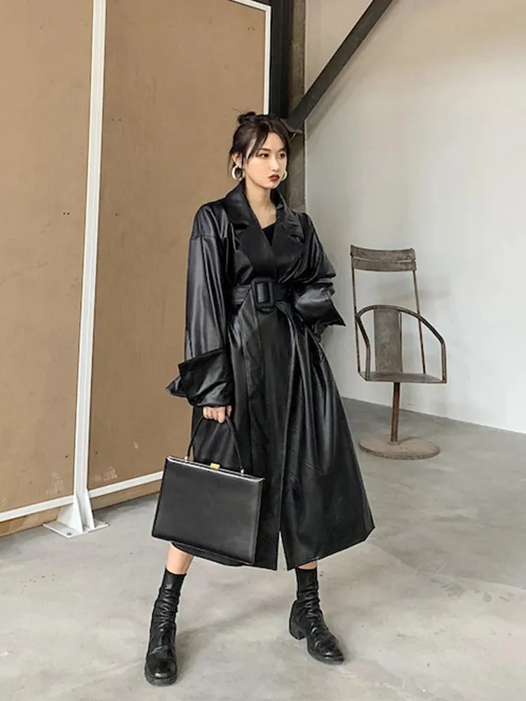 Stylish Long Oversized Faux Leather Trench Coat