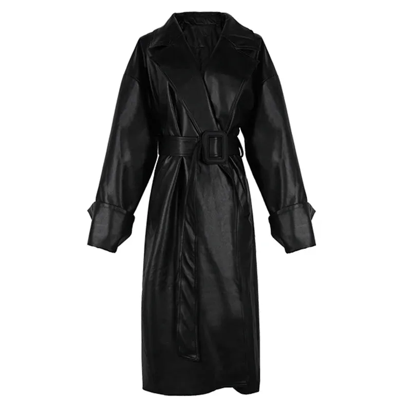 Stylish Long Oversized Faux Leather Trench Coat
