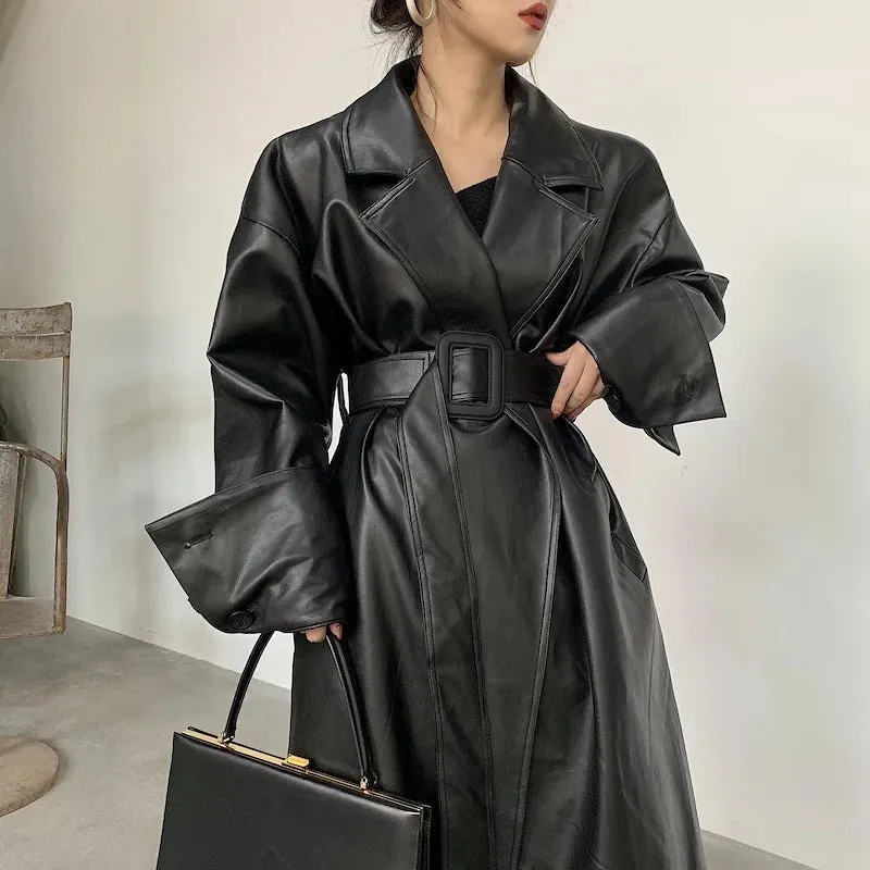 Stylish Long Oversized Faux Leather Trench Coat