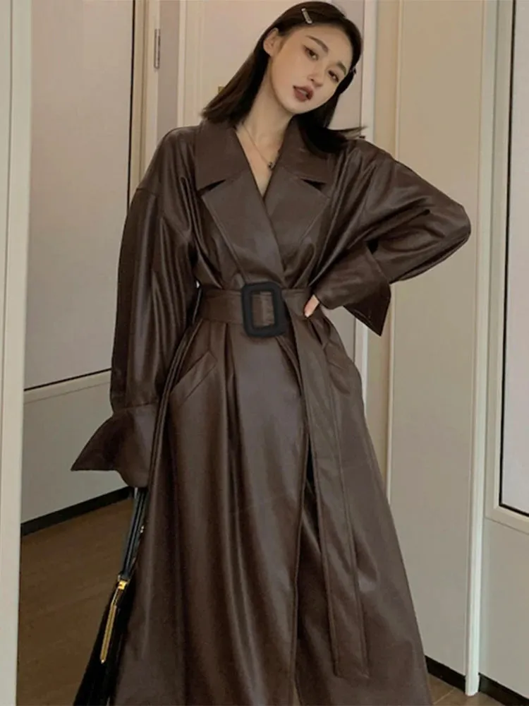 Stylish Long Oversized Faux Leather Trench Coat